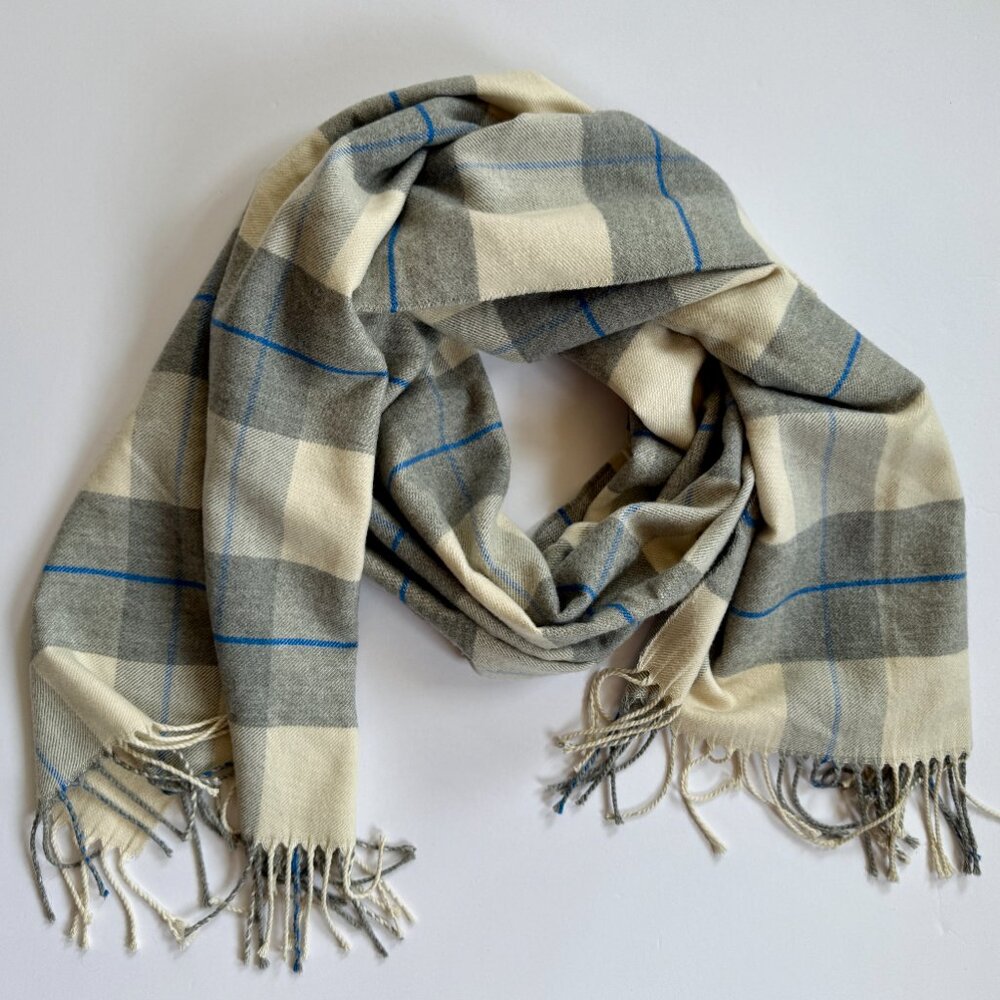 Gap Oversized Scarf Gray Ivory Blue Plaid 23" x 75" + Fringe | Soft Acrylic Wint